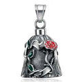 Polished titanium steel vintage motorcycle lucky bell with double-sided epoxy rose design in retro steel colour.