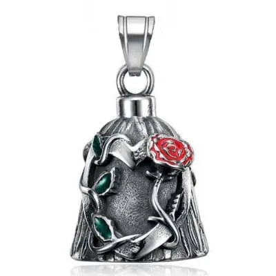 Polished titanium steel vintage motorcycle lucky bell with double-sided epoxy rose design in retro steel colour.