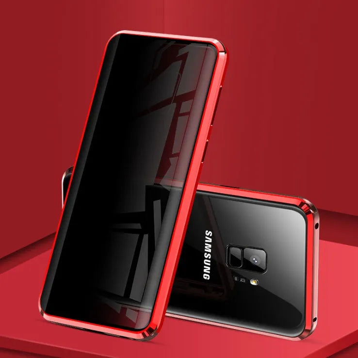 Black magnetic clamshell phone case for Samsung smartphones with glass construction and closed magnetic design