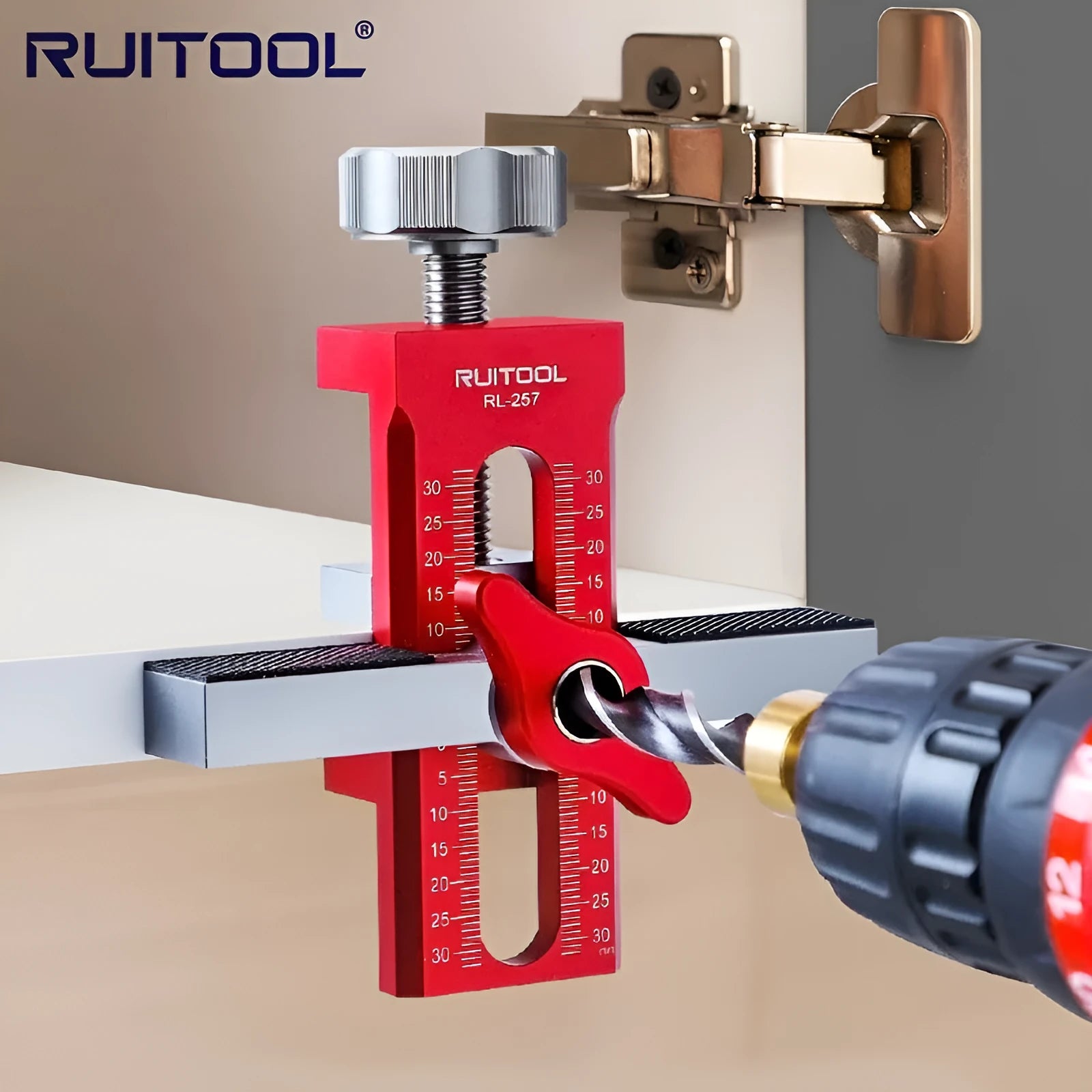 Aluminium alloy cabinet door installation aid with diamond-shaped 10mm guide plates for woodworking.