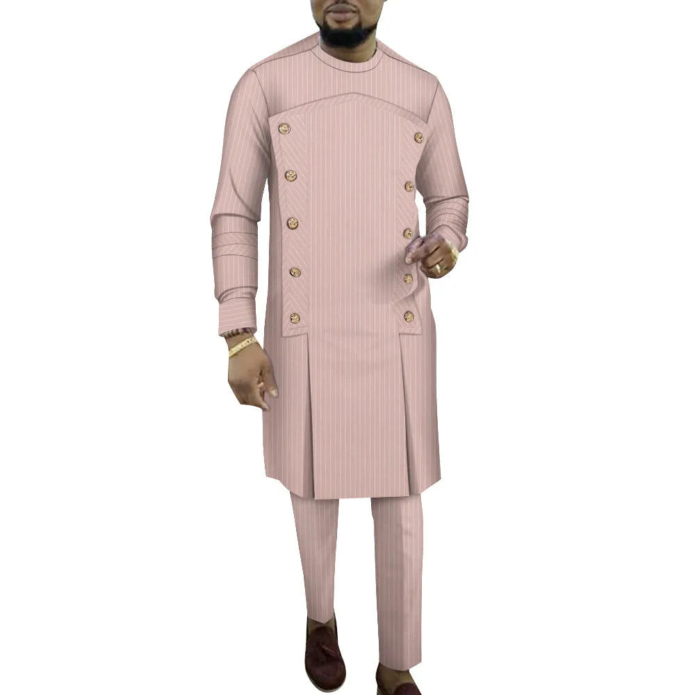 African striped cotton robe two-piece set for men, showing long sleeve top and matching trousers.