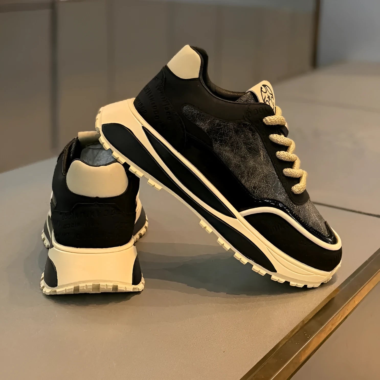 Men's chunky sole retro dad shoes in black, blue, beige red, and yellow with round toe and lace-up front.