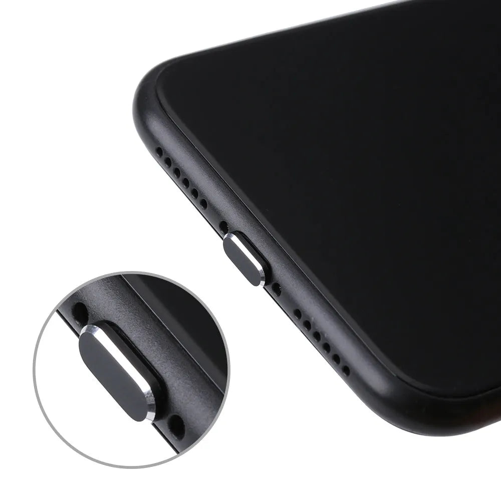 Aluminium alloy iPhone charging port dust plug in gold, silver, blue, red, grey, black, and rose gold colours.
