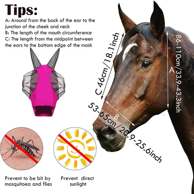 Lycra horse fly mask with ears, check pattern, mesh face, available in blue purple rose red grey black.