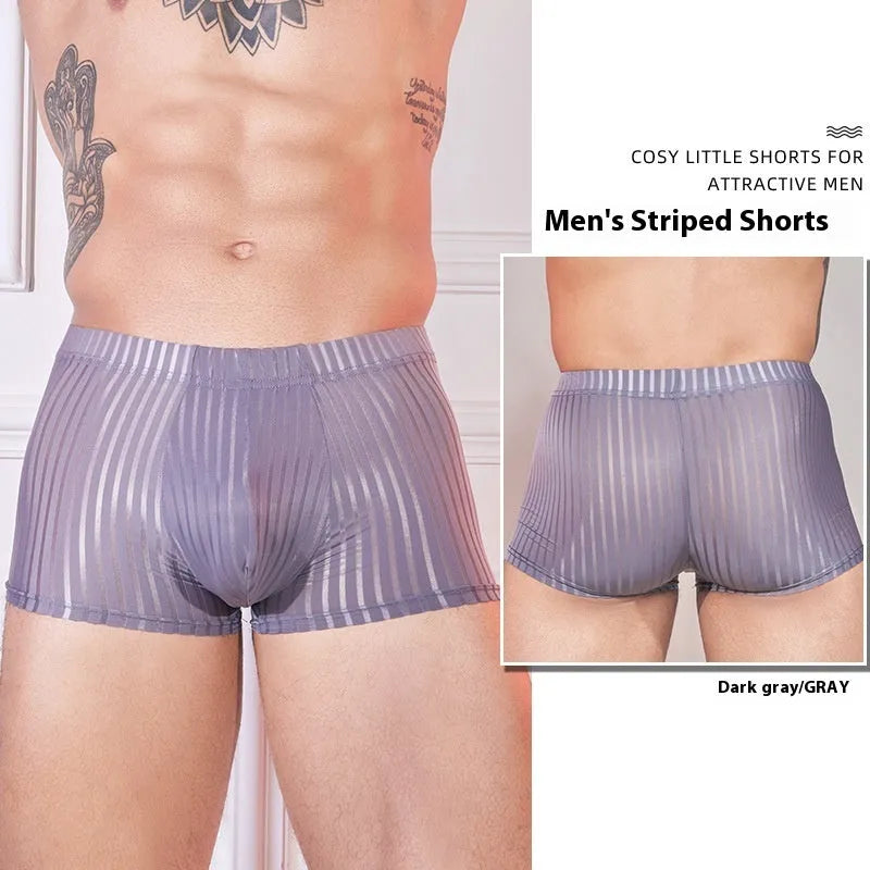 Men's striped low-rise underwear in thin transparent nylon, shown in black, dark grey, and white colours.