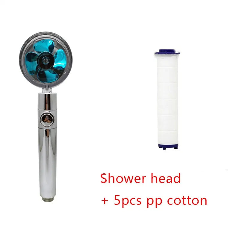 ABS plastic water saving shower head with chrome finish and 360-degree rotating bracket on a white background.