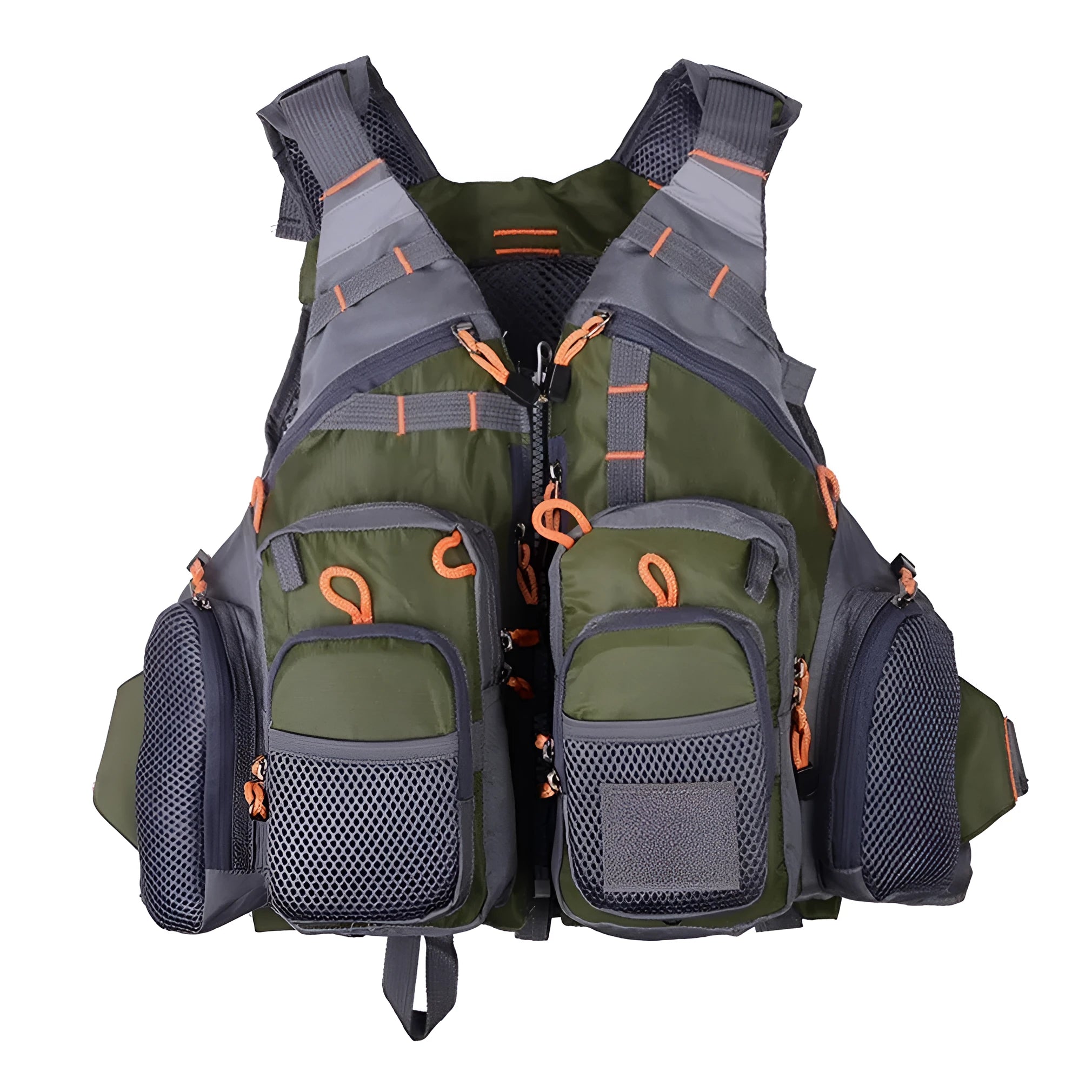 Men's outdoor fishing life vest with 11 pockets, detachable flotation, and reflective strips