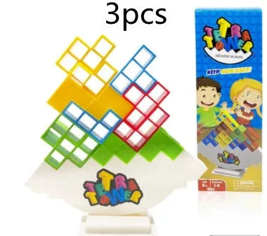 Plastic balance stacking board game with coloured building blocks on chassis for kids and adults