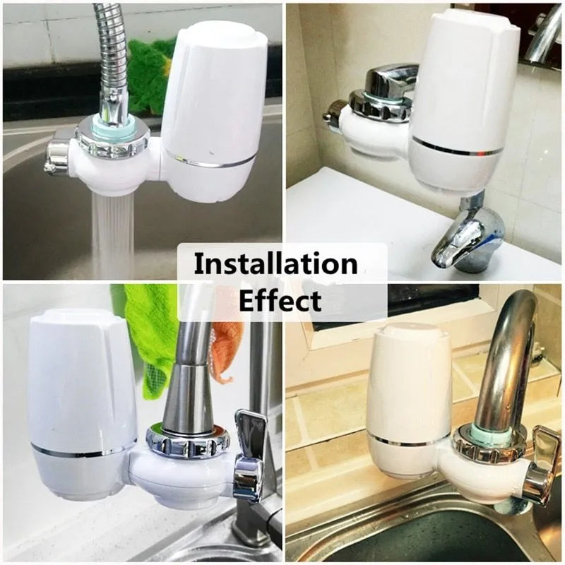 White plastic faucet water filter with ceramic cartridge and universal adapters for kitchen tap installation