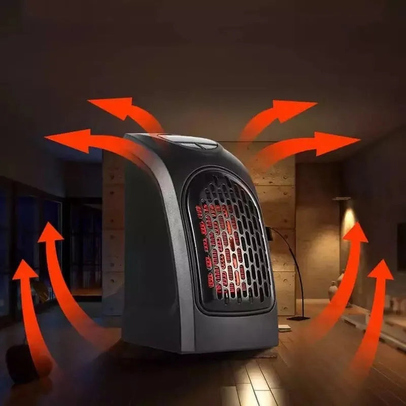 Flame retardant mini electric heater with 500W power and three speed settings on a desk