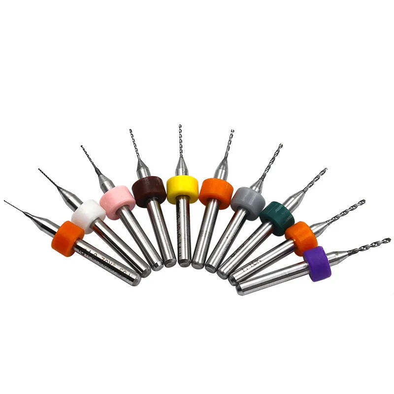 Tungsten carbide straight shank PCB drill bits in sizes from 0.1mm to 1.2mm with 3.2mm shank.