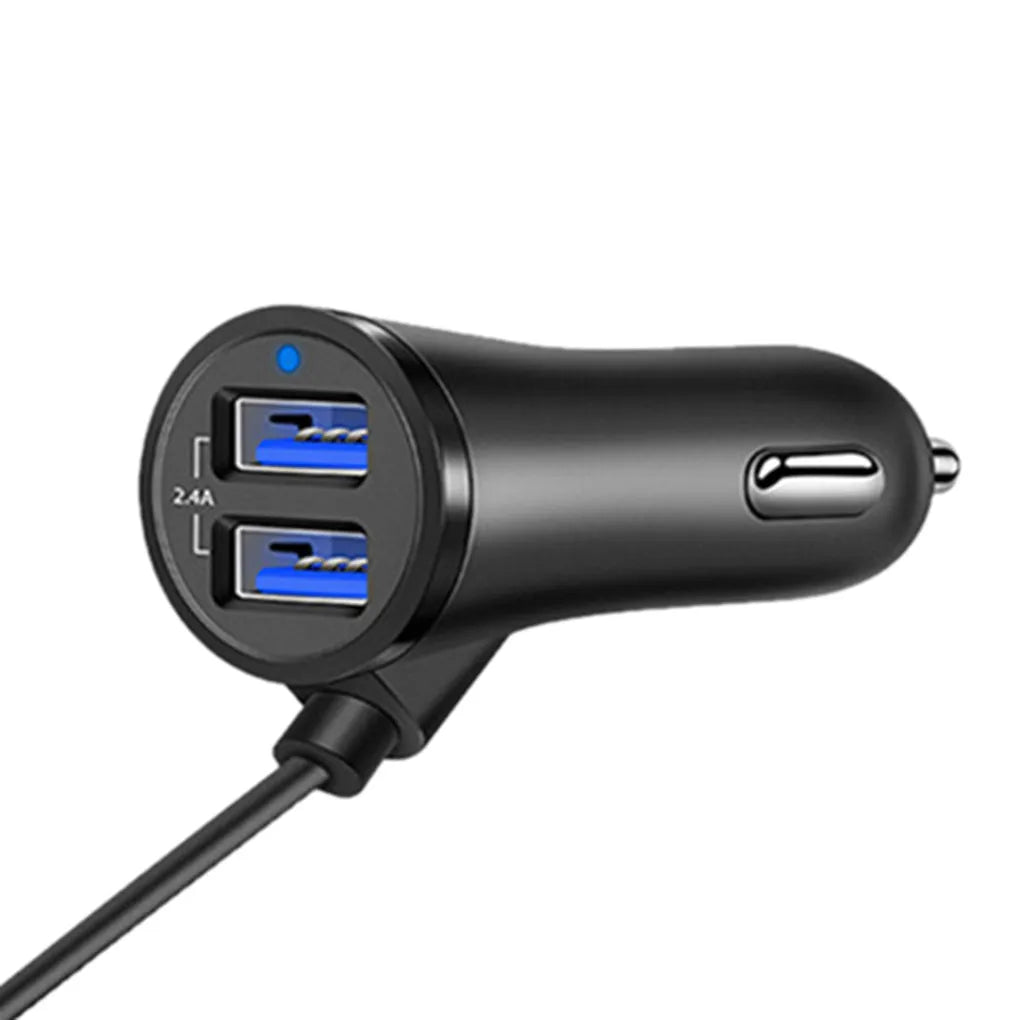 Fast charge car charger in black with blue LED light and white LED on extender