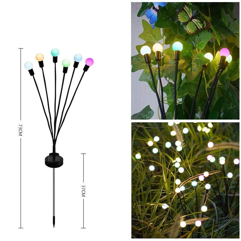Solar-powered LED garden stake light with multiple heads on a stainless steel spike, showing warm white and coloured light modes.