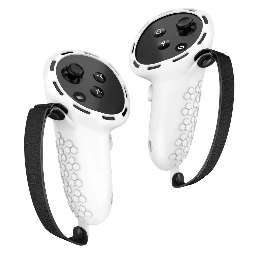 Silicone handle protective sleeves for Meta Quest 3 VR controllers with wrist strap in seven colour options