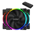 Three black 120mm RGB computer case fans with illuminated blades