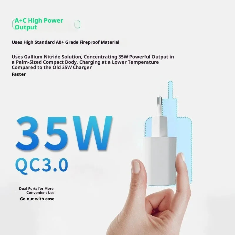 35W European standard multi-port USB charger with two output ports, black colour, compact rectangular design