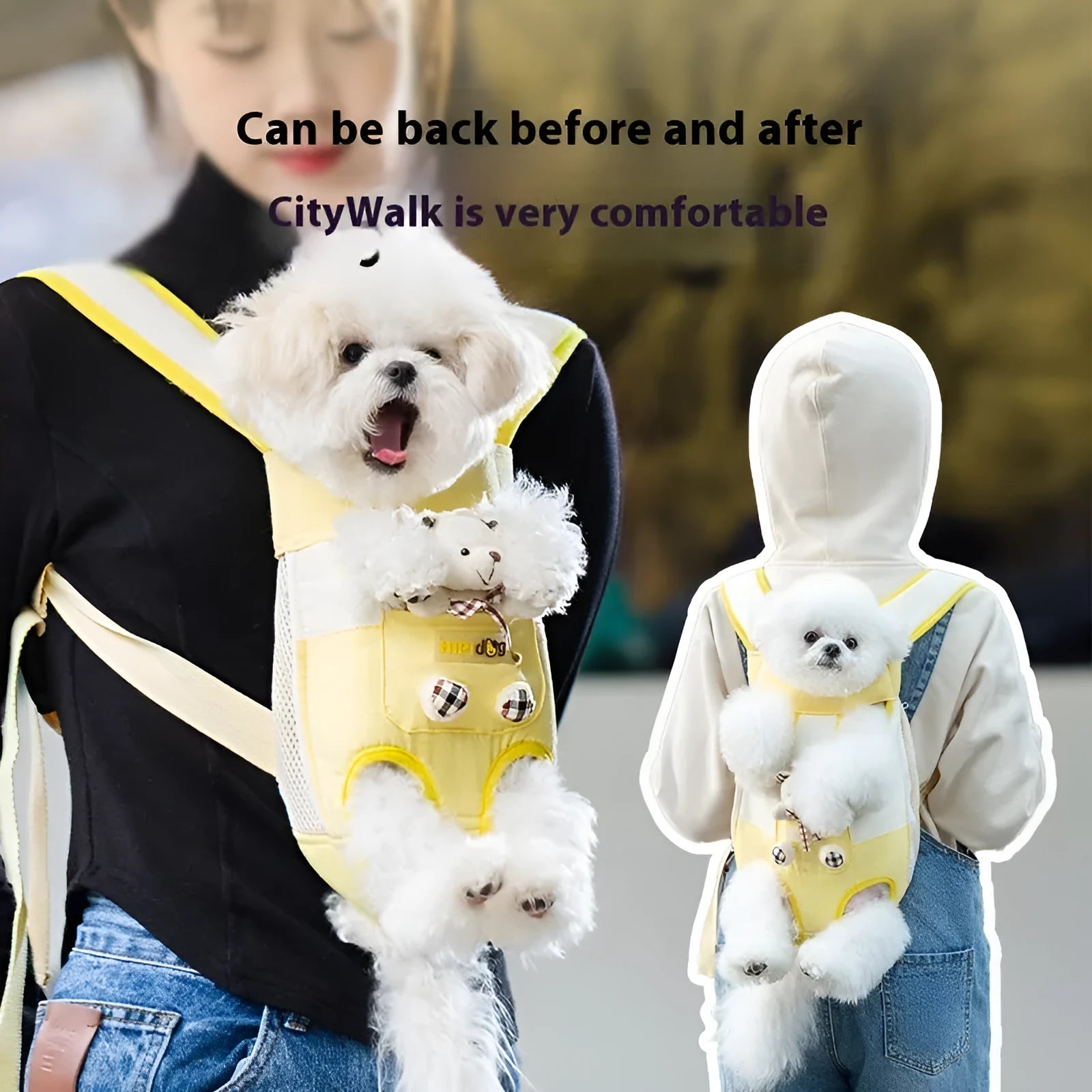 Cartoon animal pattern pet carrier bag in canvas with pearl cotton lining, showing Beka yellow bear design