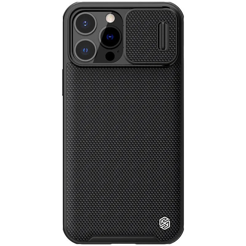 Black textured sliding phone case for Apple iPhone 13 Pro Max, shown from the back.