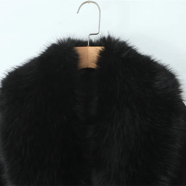 Big fur collar belt wool coat long jacket for women, pattern colour, front view with fur collar and belt