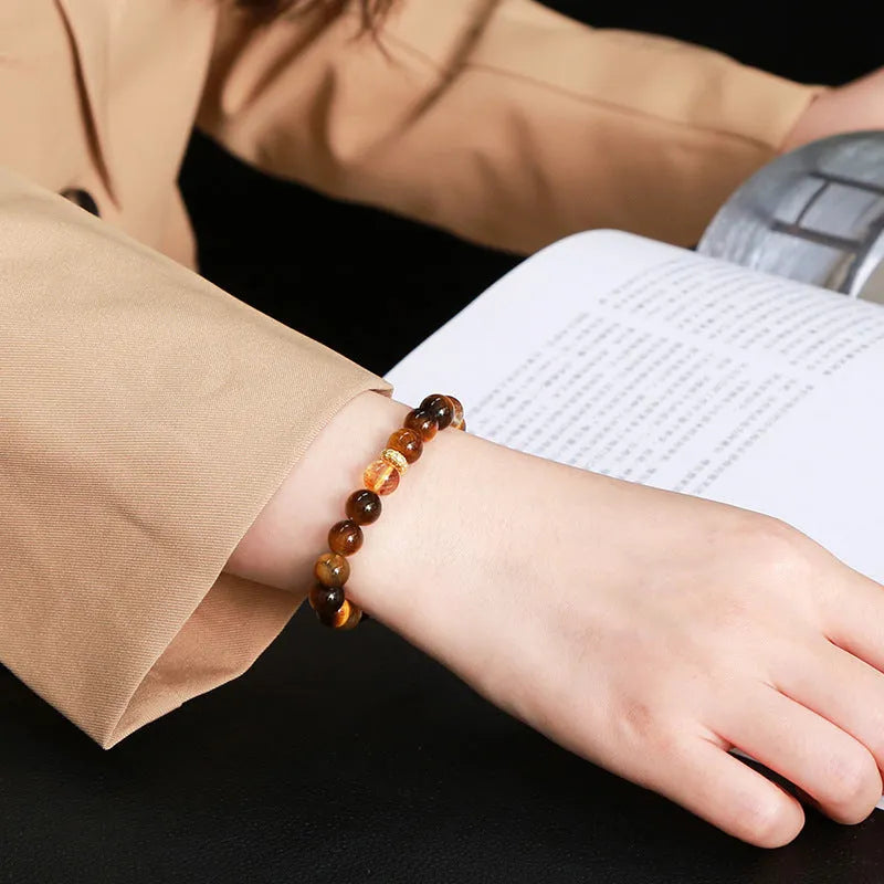 Natural yellow tiger stone crystal bracelet with 8mm beads and geometric design