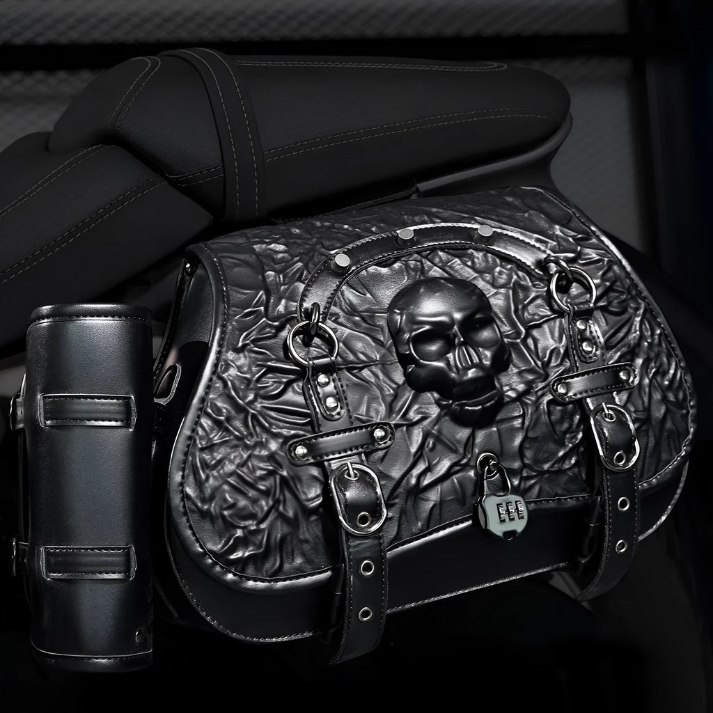 Black PU motorcycle side luggage bags mounted as a pair on a motorcycle