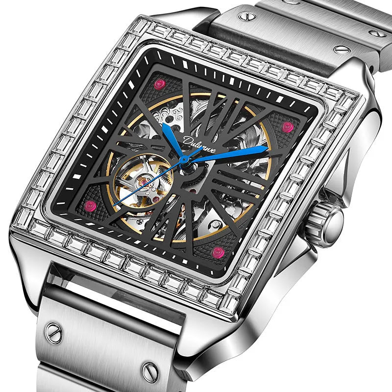 Men's square-faced automatic watch with diamond-studded case on a choice of strap.