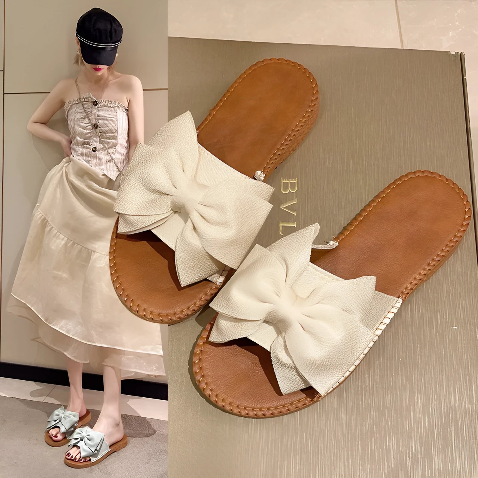 Women's beige suede sandals with bow detail and flat rubber soles