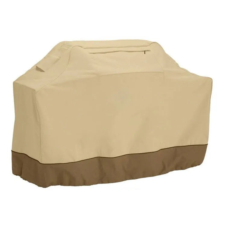 Beige ribbed polyester barbecue cover shown draped over a garden grill in a Nordic style.