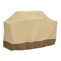 Beige ribbed polyester barbecue cover shown draped over a garden grill in a Nordic style.