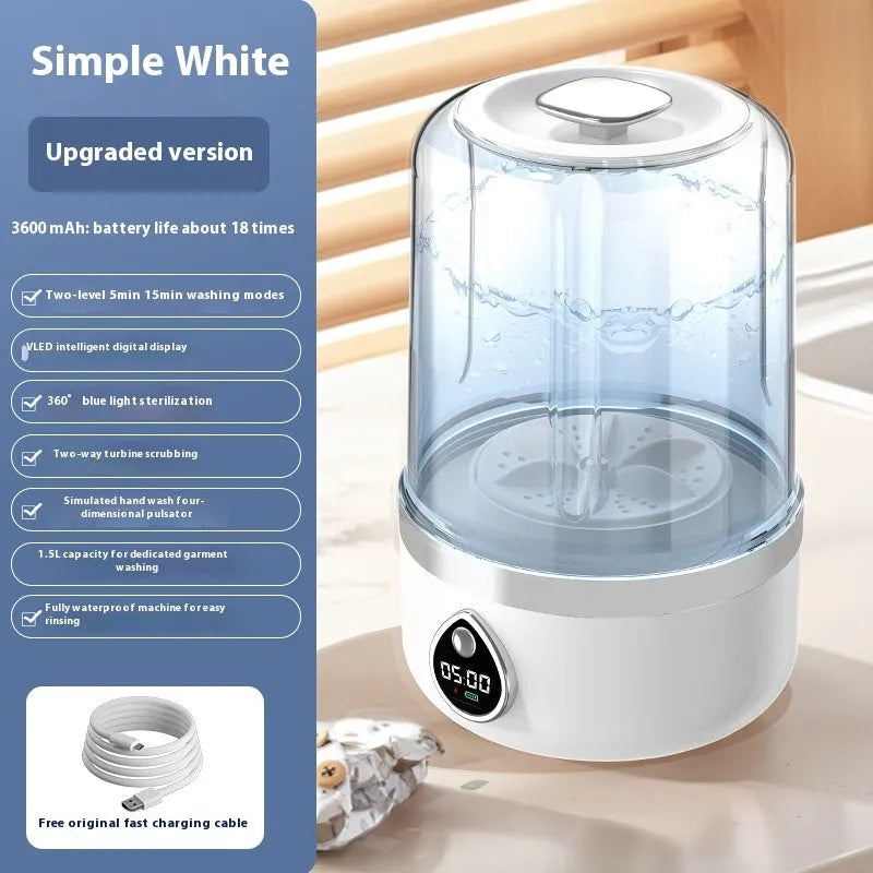 White portable mini washing machine with USB cable on a countertop.