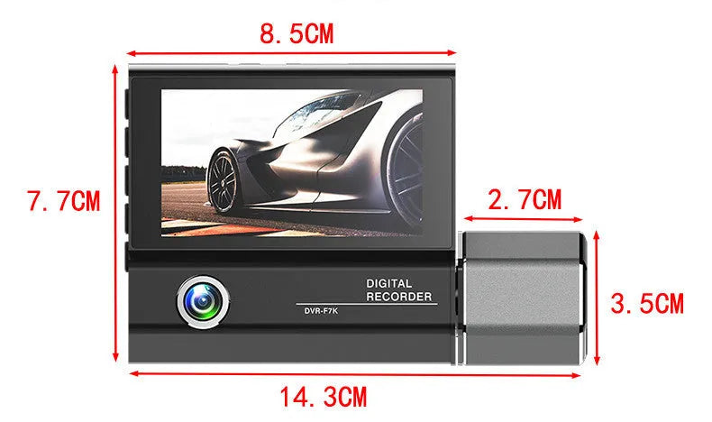 Black three-lens car dash camera recorder with touch screen display
