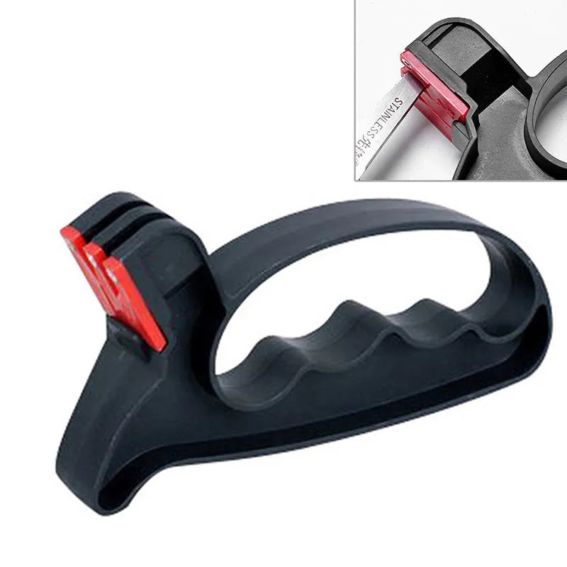 Black handheld knife and scissor sharpener showing ergonomic handle and sharpening slots on a white background.