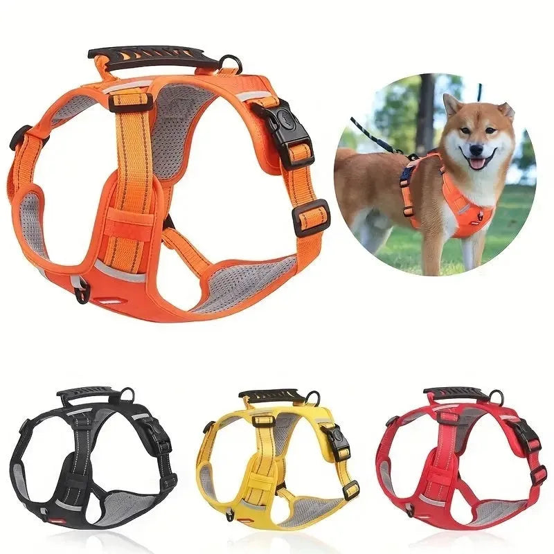 Adjustable polyester dog harness and lead in multiple colours on a size chart.