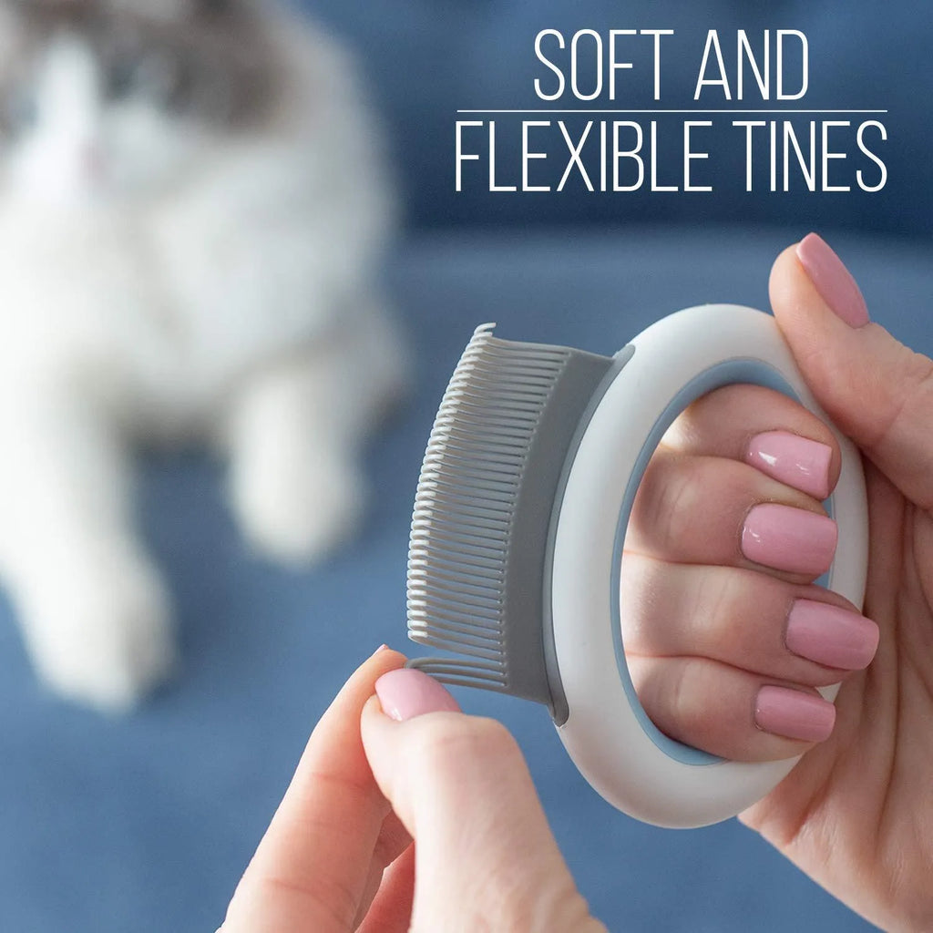 Small blue pet grooming comb with ergonomic handle for cat and dog hair removal
