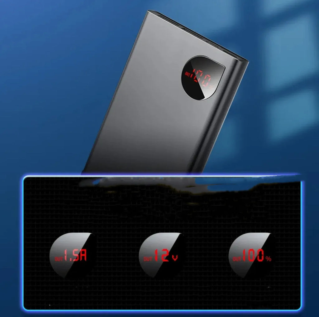 Black 10000mAh power bank with Huawei 22.5W super fast charge, external screen, and multi-port output on a white background