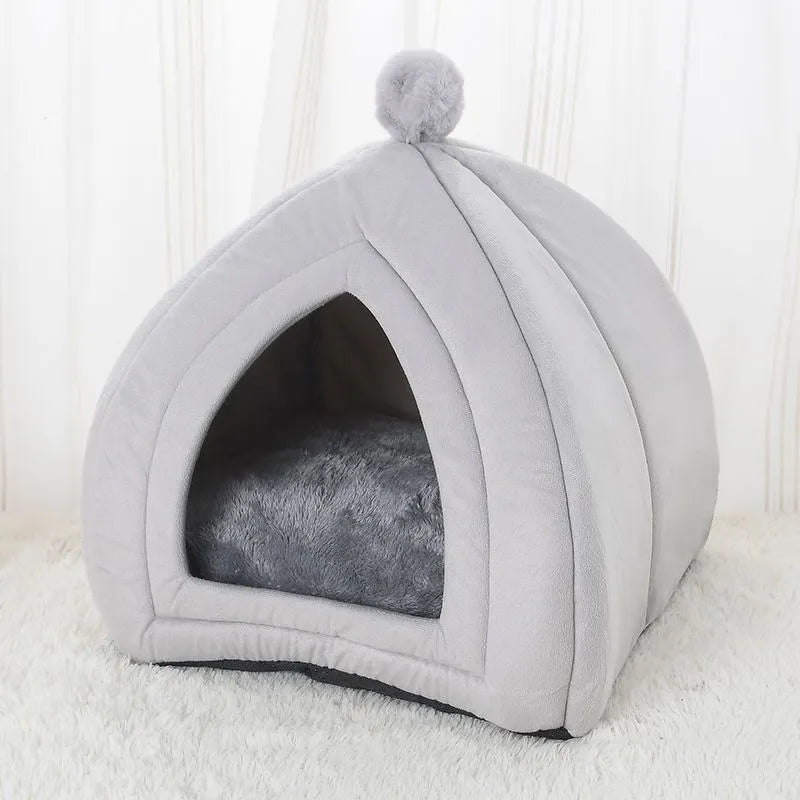 Gray soft plush tent cat bed with cushion for small dogs and cats, 47x47x53cm size