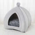 Gray soft plush tent cat bed with cushion for small dogs and cats, 47x47x53cm size