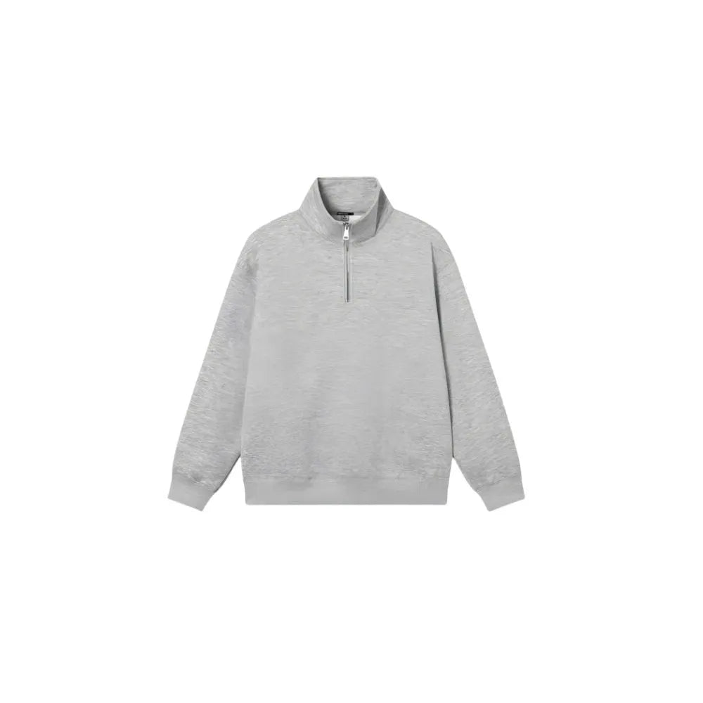 Grey half zipped stand collar cotton sweater for men and women with long sleeves and grinding texture