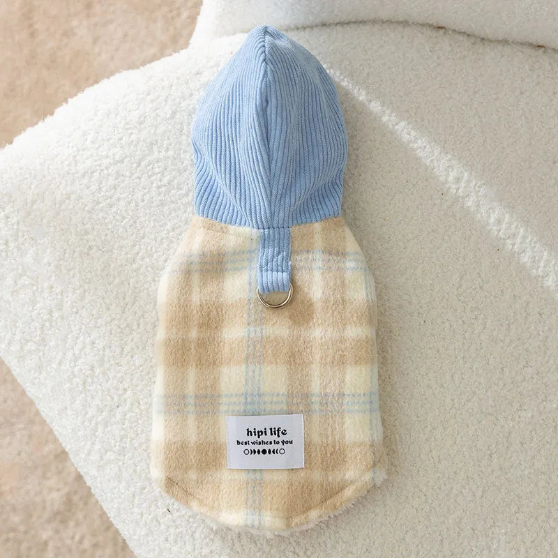 Blue corduroy chessboard grid hooded vest for a dog on a white background.