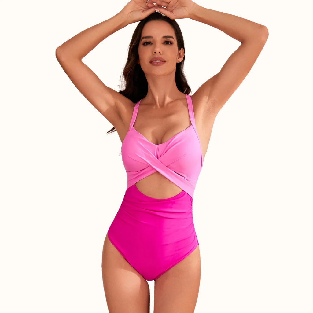 Women's solid colour high waist one-piece swimsuit on a hanger.