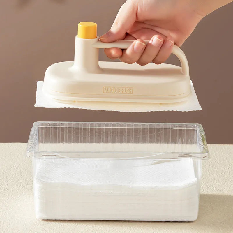 Disposable cleaning brush with plastic handle, 50 white non-woven pads and storage box