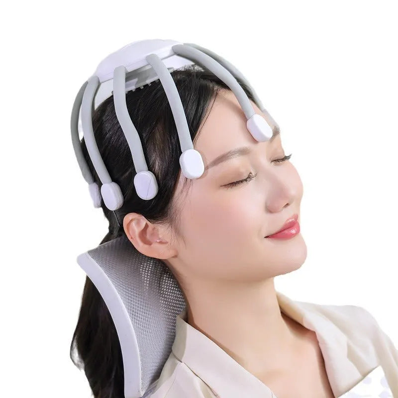 Black and white USB-powered head massagers with multiple vibrating claws for scalp relaxation.
