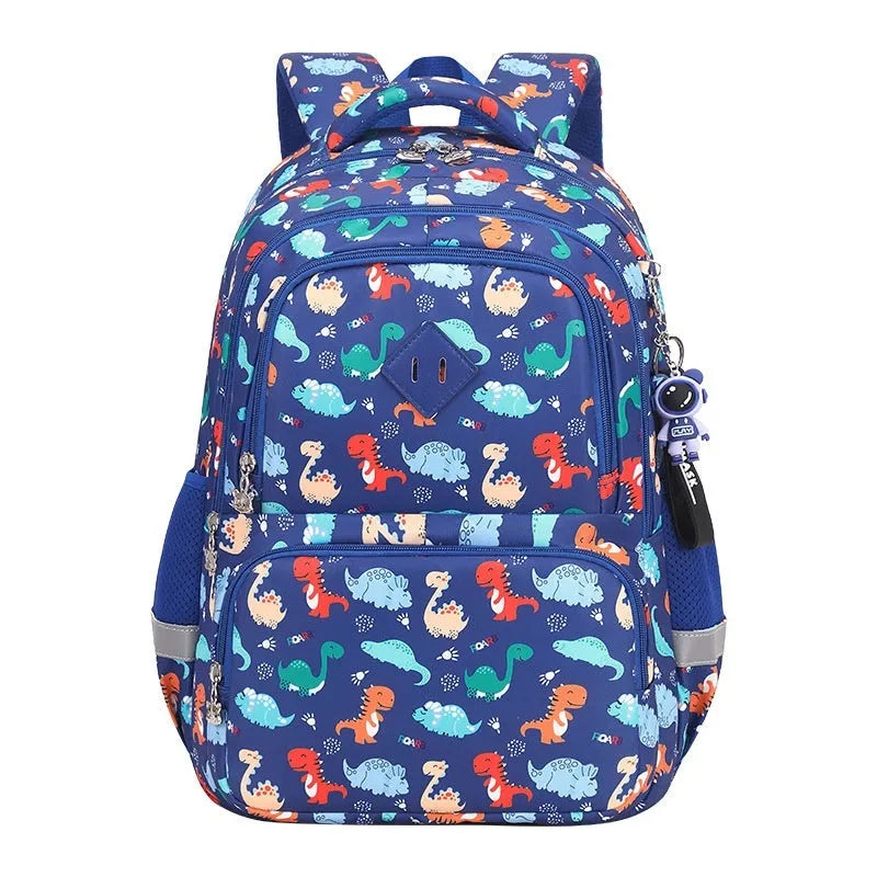 Children's Oxford cloth school backpack in a dinosaur pattern, showing curved straps and spine protection design.