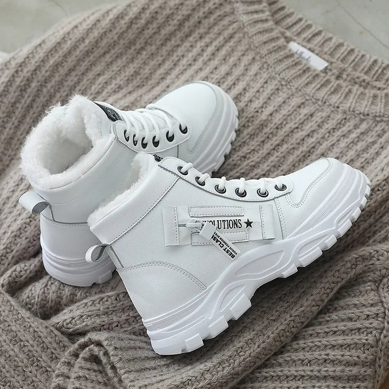 Fleece lace-up boots women winter warm flat heel round toe waterproof platform artificial PU leather stitching