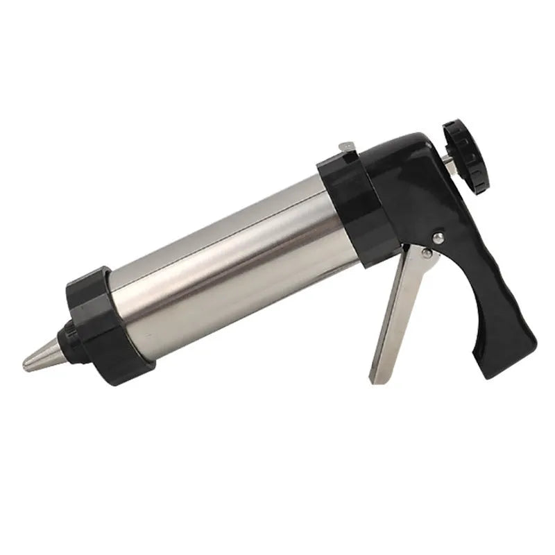 Stainless steel biscuit press cookie machine with 13 metal moulds and 8 piping nozzles in a colour gift box for home baking.
