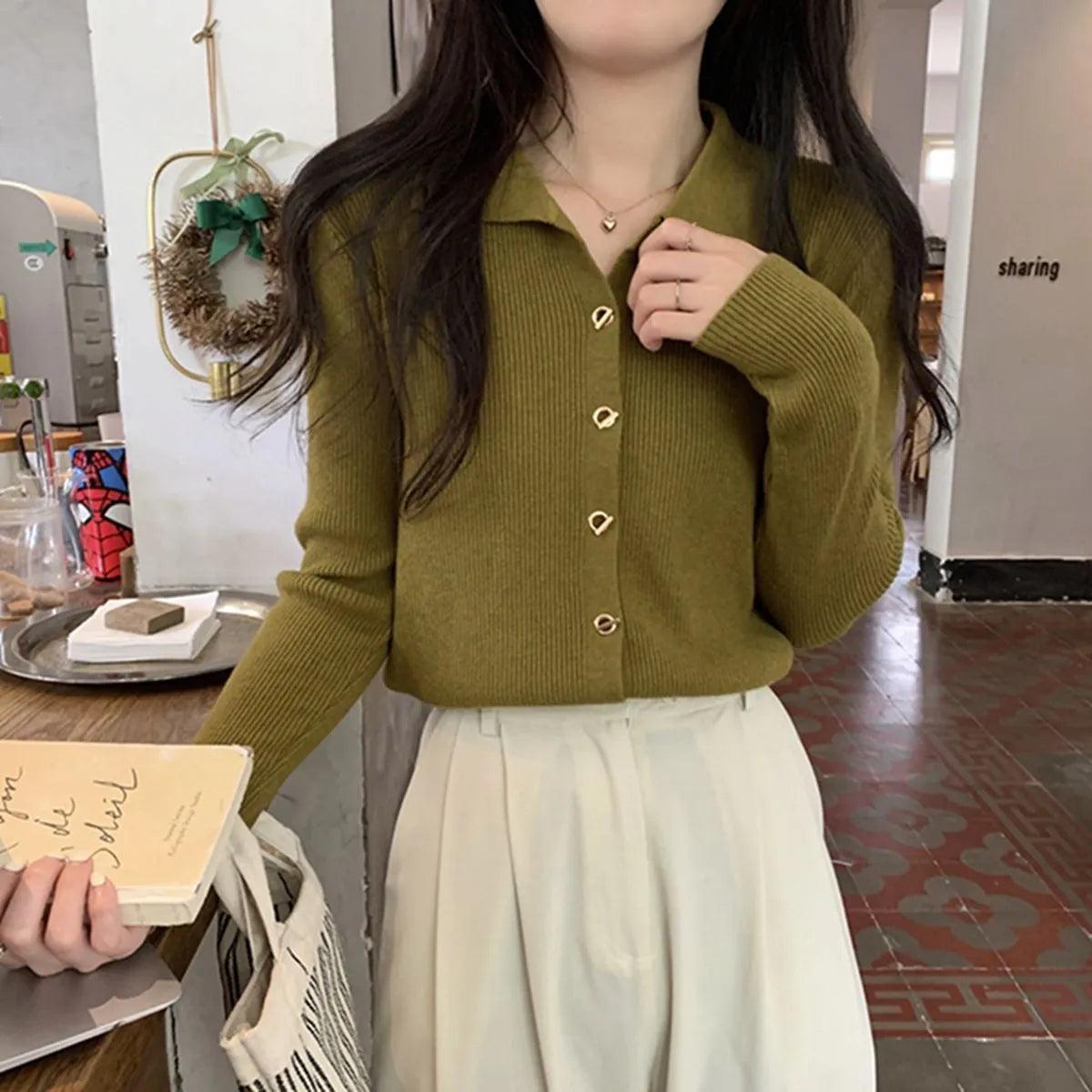 Long-sleeved loose fit knitted cardigan top in viscose fabric shown in beige colour