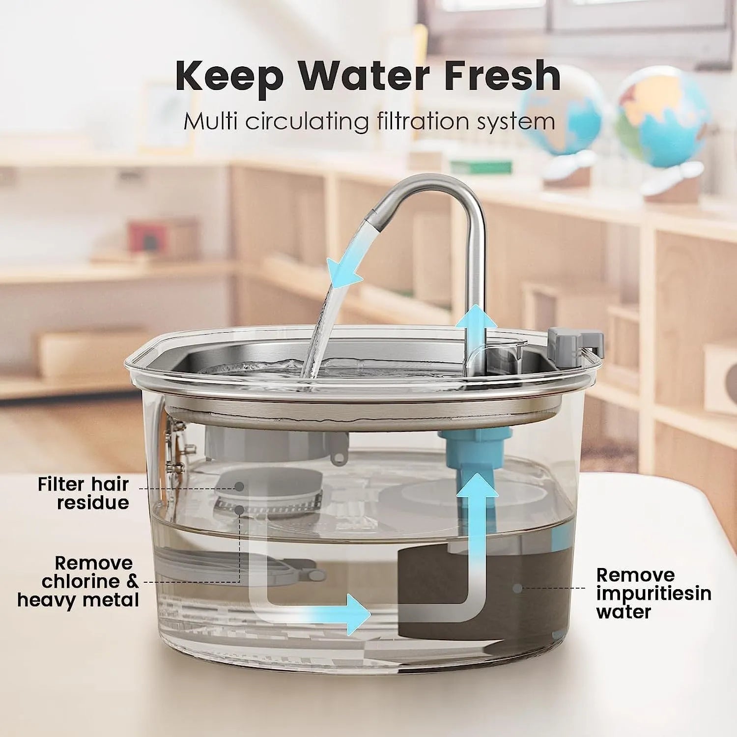 Stainless steel pet water dispenser for cats with filters and water pump, black circular ring