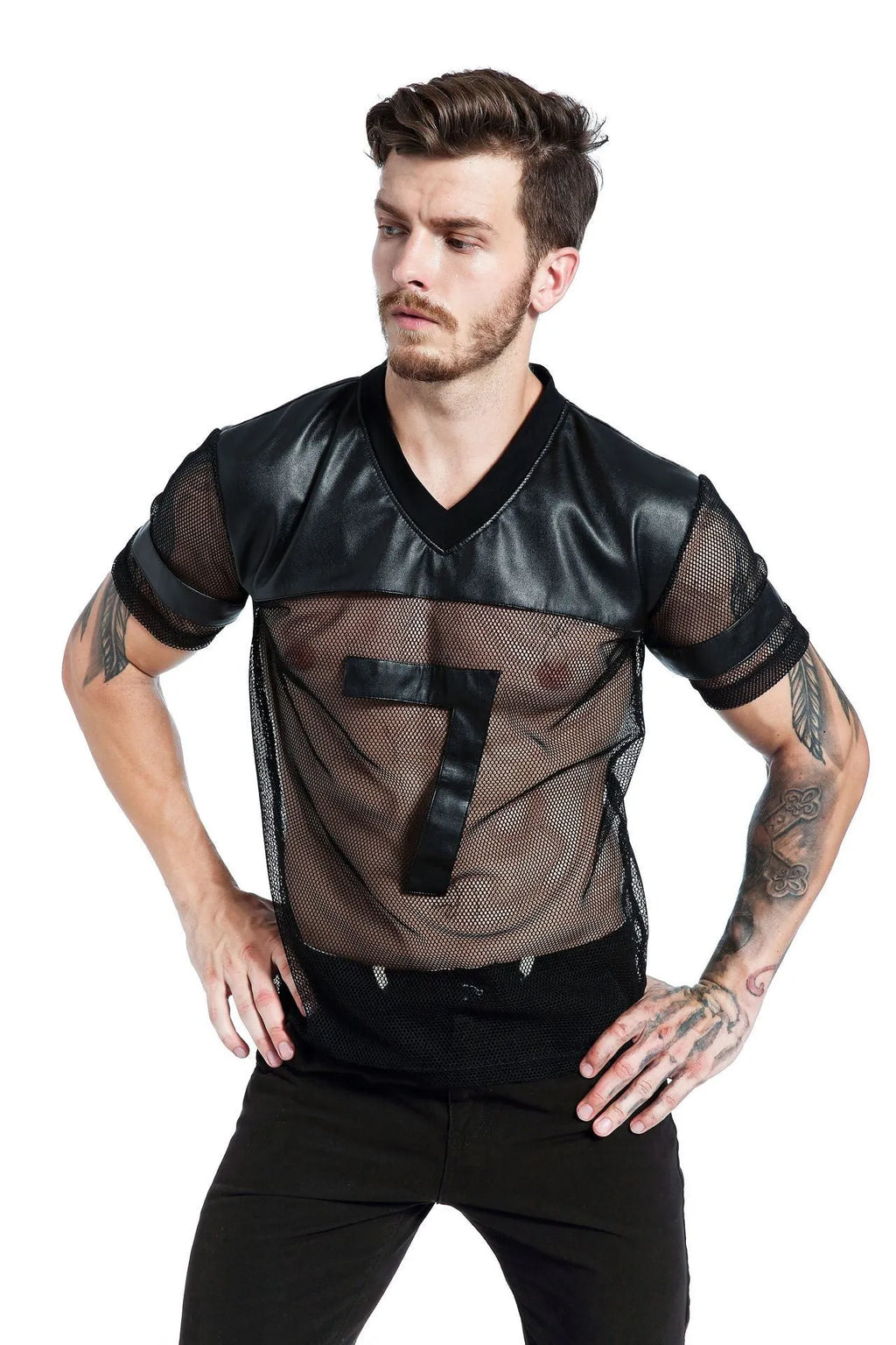 Men's black mesh V-neck sports t-shirt showing stitching construction detail