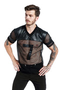 Men's black mesh V-neck sports t-shirt showing stitching construction detail