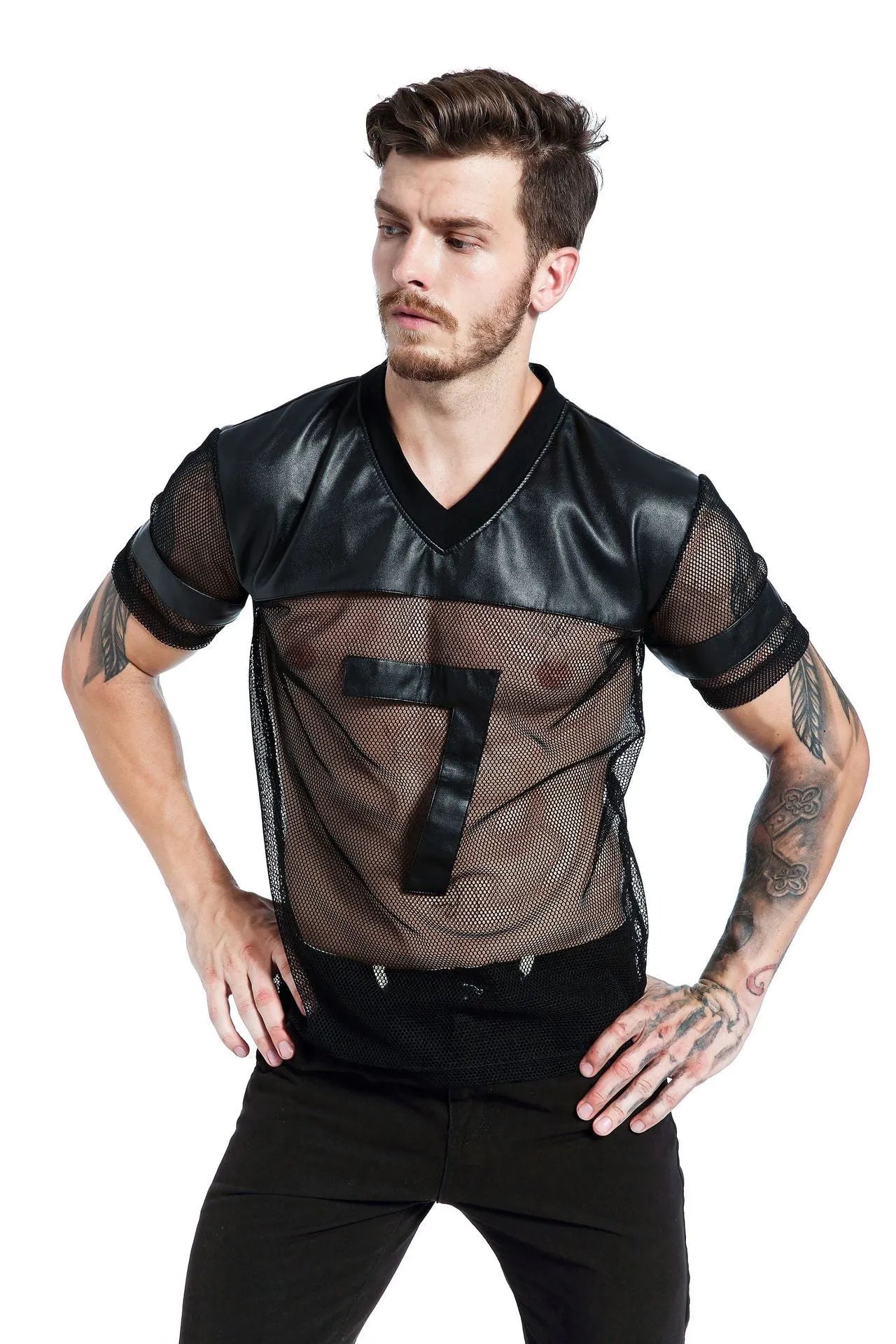 Men's black mesh V-neck sports t-shirt showing stitching construction detail